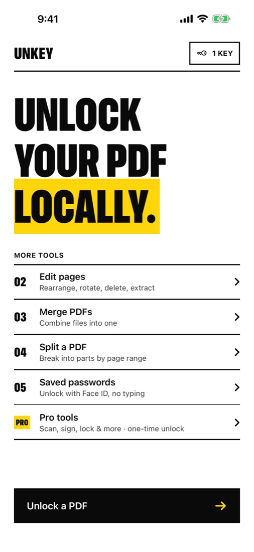 UnKey's home screen: Unlock your PDF locally, with a list of tools and an Unlock a PDF button.