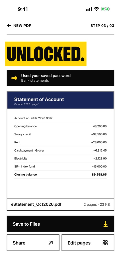 A bank statement unlocked with a saved password and Face ID.