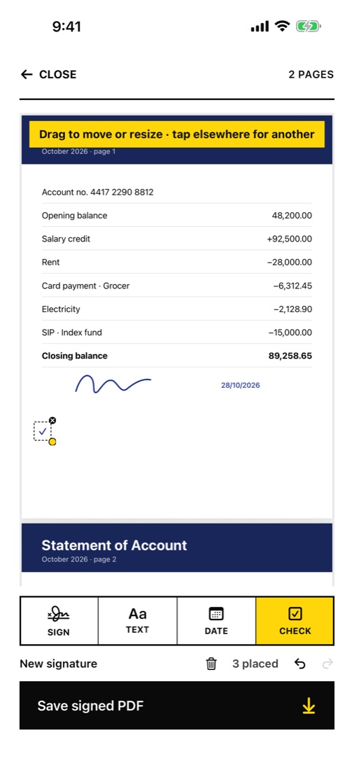Signing a statement with a signature, date and check mark.
