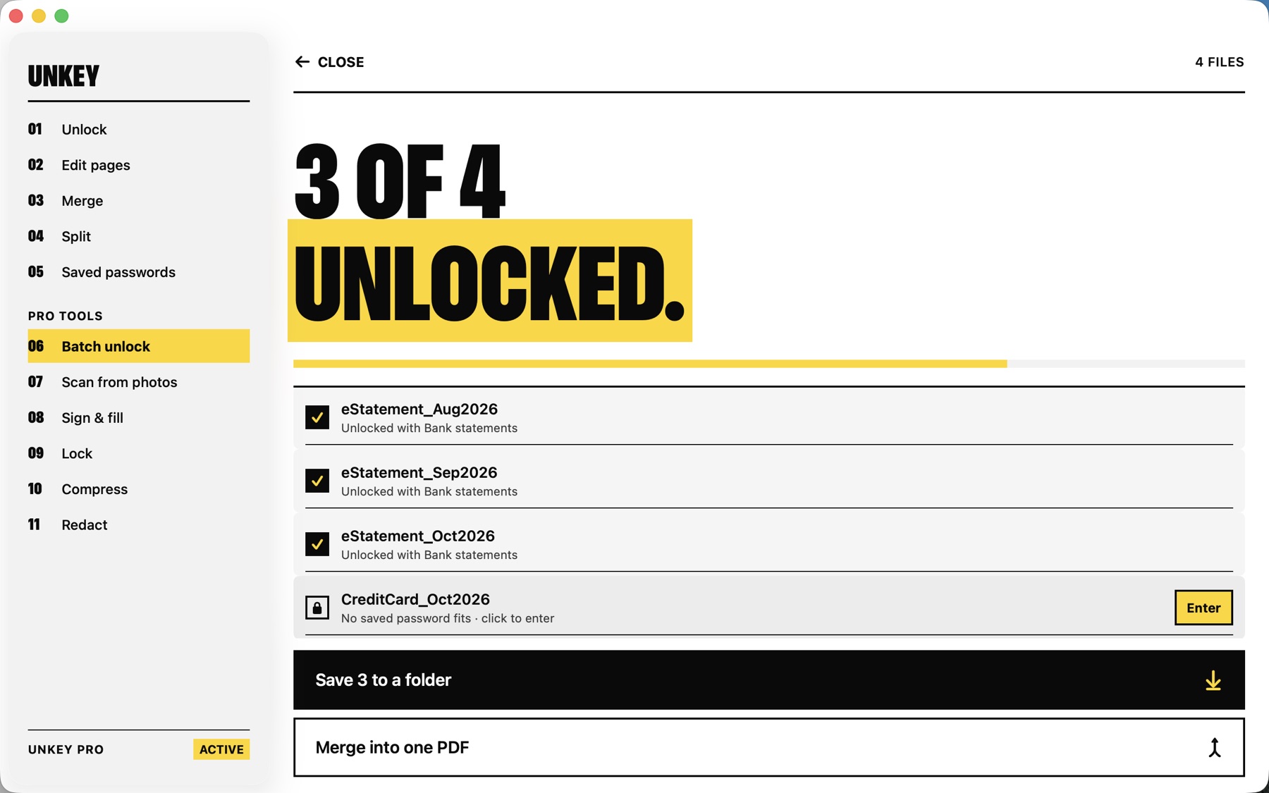 UnKey on a Mac unlocking a folder of statements with one saved password.
